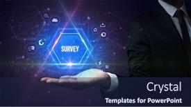 Presentation with survey - Cool new PPT theme with man-hand-holding-survey-inscription backdrop and a navy blue colored foreground