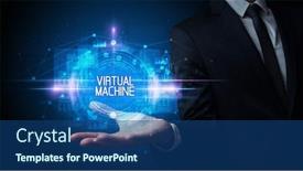  Presentation with virtual hand - Slide deck consisting of man-hand-holding-virtual-machine background and a ocean colored foreground