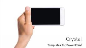  Presentation with man holding phone - Amazing PPT theme having man hand holding white smartphone horizontally with blank screen isolated over white background hand holding smart phone isolated on white background backdrop and a white colored foreground