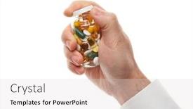  Presentation with pharmaceutical tablets - Theme with man-hand-opening-glass-bottle background and a light gray colored foreground