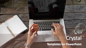  Presentation with banking - Audience pleasing presentation design consisting of man hand using e-banking backdrop and a tawny brown colored foreground