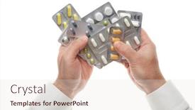  Presentation with pharmacy pharmaceutical medicament - Theme with man-hand-with-pills-blister background and a lemonade colored foreground