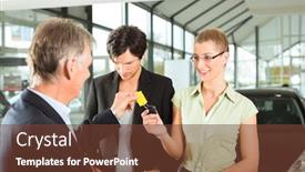  Presentation with car rental - Theme with man handing keys to new car to woman her man signing the sales or rental contract background and a tawny brown colored foreground
