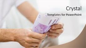  Presentation with economy - Presentation design featuring man hands counting money background and a  colored foreground