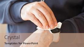  Presentation with germs - Cool new PPT layouts with man-hands-disinfecting-smart-watch backdrop and a coral colored foreground