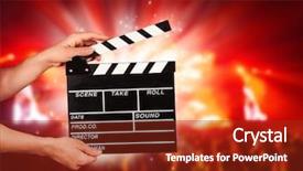  Presentation with film music - Colorful presentation theme enhanced with man hands holding film clapper backdrop and a tawny brown colored foreground