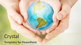  Presentation with save environment earth - Colorful PPT theme enhanced with man hands holding planet backdrop and a blonde colored foreground