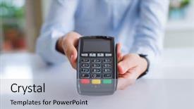  Presentation with terminal - Beautiful PPT theme featuring man hands holding pos terminal backdrop and a light blue colored foreground
