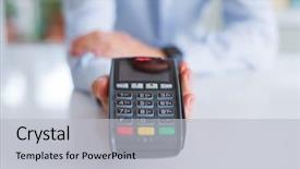  Presentation with terminal - Colorful presentation design enhanced with man hands holding pos terminal backdrop and a light gray colored foreground