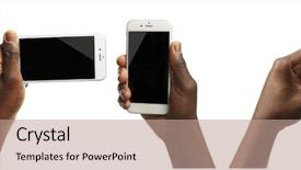  Presentation with man holding phone - Presentation theme having man hands holding smart phone background and a coral colored foreground