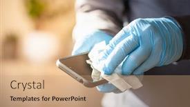  Presentation with germs - Audience pleasing presentation design consisting of man-hands-in-gloves-disinfecting backdrop and a coral colored foreground