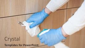  Presentation with chest - Presentation theme featuring man-hands-in-gloves-disinfecting background and a coral colored foreground