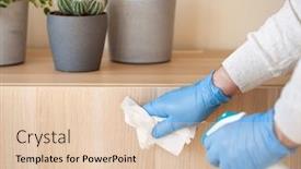  Presentation with virus - Beautiful slide deck featuring man-hands-in-gloves-disinfecting backdrop and a lemonade colored foreground