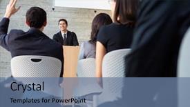  Presentation with conference - Slide deck with answer documents - businessman delivering presentation at conference background and a ocean colored foreground