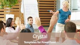  Presentation with years in the making - PPT theme enhanced with presenting large group - businesswoman making presentation to office background and a coral colored foreground