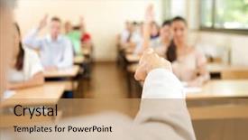  Presentation with students - Slide deck featuring examines students pointing with hand background and a coral colored foreground