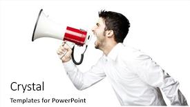  Presentation with black man - Colorful slide deck enhanced with man handsome shouting using megaphone backdrop and a white colored foreground