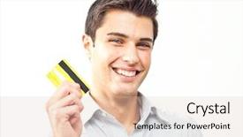  Presentation with credit card - Presentation theme with young man happy holding credit card background and a lemonade colored foreground