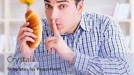  Presentation with healthy food - Colorful theme enhanced with man having dilemma between healthy food and bread in dieting con backdrop and a light blue colored foreground