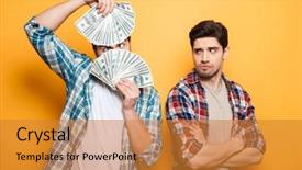  Presentation with fun - Presentation theme having man having fun with money background and a gold colored foreground