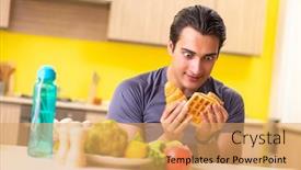  Presentation with choice - Slides consisting of man having hard choice between healthy and unhealthy food background and a yellow colored foreground