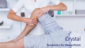  Presentation with knee - Presentation design enhanced with man having knee massage in medical office background and a sky blue colored foreground