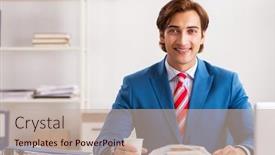  Presentation with work - PPT theme with man-having-meal-at-work background and a mint green colored foreground