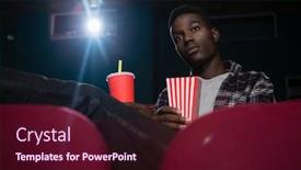  Presentation with cold drink - Presentation theme consisting of man having popcorn and cold drink while watching movie in theatre background and a wine colored foreground