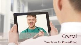  Presentation with chat - Presentation theme consisting of man having video chat with doctor on laptop at home background and a lemonade colored foreground