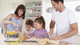 Presentation with follow up a family - Beautiful PPT theme featuring man help - family making breakfast in kitchen backdrop and a soft green colored foreground