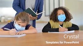  Presentation with helping man - Colorful PPT theme enhanced with man-helping-girls-with-school backdrop and a coral colored foreground