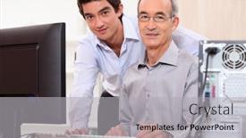  Presentation with helping man - Cool new PPT theme with man helping granddad with computer backdrop and a light gray colored foreground