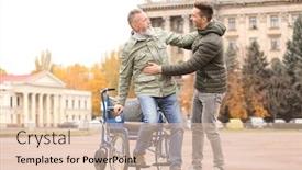  Presentation with helping man - Slide deck consisting of man helping his elderly father to get up from wheelchair outdoors background and a lemonade colored foreground