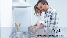  Presentation with helping man - Slide set with man helping pregnant woman prepare food in kitchen background and a light blue colored foreground