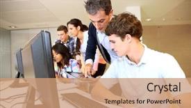  Presentation with helping man - Theme featuring man helping student in classroom background and a coral colored foreground