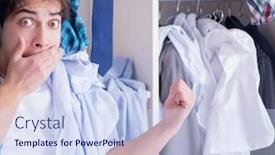  Presentation with clothing - Beautiful theme featuring man helpless with dirty clothing after separating from wife backdrop and a sky blue colored foreground