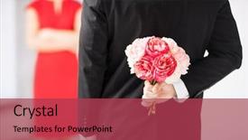  Presentation with forget me nots flowers - Cool new slide set with man hiding bouquet of flowers backdrop and a red colored foreground