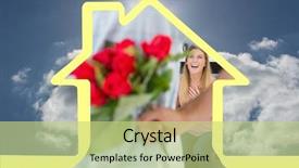  Presentation with red roses rose garden - Colorful theme enhanced with man hiding bouquet of roses from smiling girlfriend on the couch against blue sky with clouds and sun backdrop and a mint green colored foreground