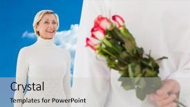  Presentation with older woman - Slides consisting of man hiding bouquet of roses from older woman against cloudy sky background and a light gray colored foreground