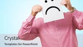  Presentation with paper - Slide set enhanced with man hiding his face behind background and a coral colored foreground