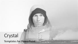  Presentation with effect - PPT theme having man hiker and steaming smokestack background and a light gray colored foreground