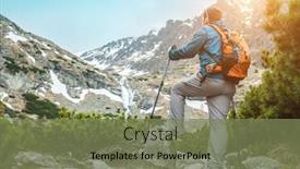  Presentation with mountain hiking - Colorful presentation theme enhanced with man-hiker-hiking-backpacker-traveler backdrop and a violet colored foreground
