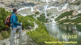  Presentation with mountain hiking - Cool new slide deck with man-hiker-hiking-backpacker-traveler backdrop and a tawny brown colored foreground