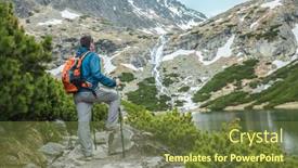  Presentation with mountain hiking - Audience pleasing PPT theme consisting of man-hiker-hiking-backpacker-traveler backdrop and a tawny brown colored foreground