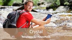  Presentation with travel app - Colorful PPT theme enhanced with man hiker relaxing by river backdrop and a coral colored foreground