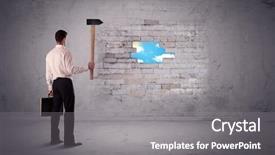  Presentation with business man climbs up to the top of 3d success stairs steps - Slide deck having man hitting grungy brick wall background and a  colored foreground