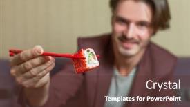  Presentation with hold hand - PPT theme enhanced with man hold chopsticks in hand background and a tawny brown colored foreground