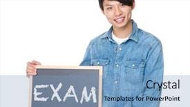  Presentation with blackboard - Presentation design consisting of man hold with blackboard showing a word exam background and a light blue colored foreground