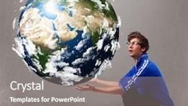  Presentation with good - Audience pleasing PPT layouts consisting of man holding 3d planet earth backdrop and a gray colored foreground