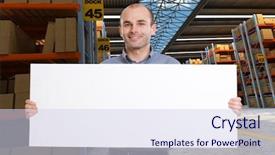  Presentation with distribution - Cool new PPT layouts with man holding a blank board in a distribution warehouse ideal for inserting your own message backdrop and a sky blue colored foreground